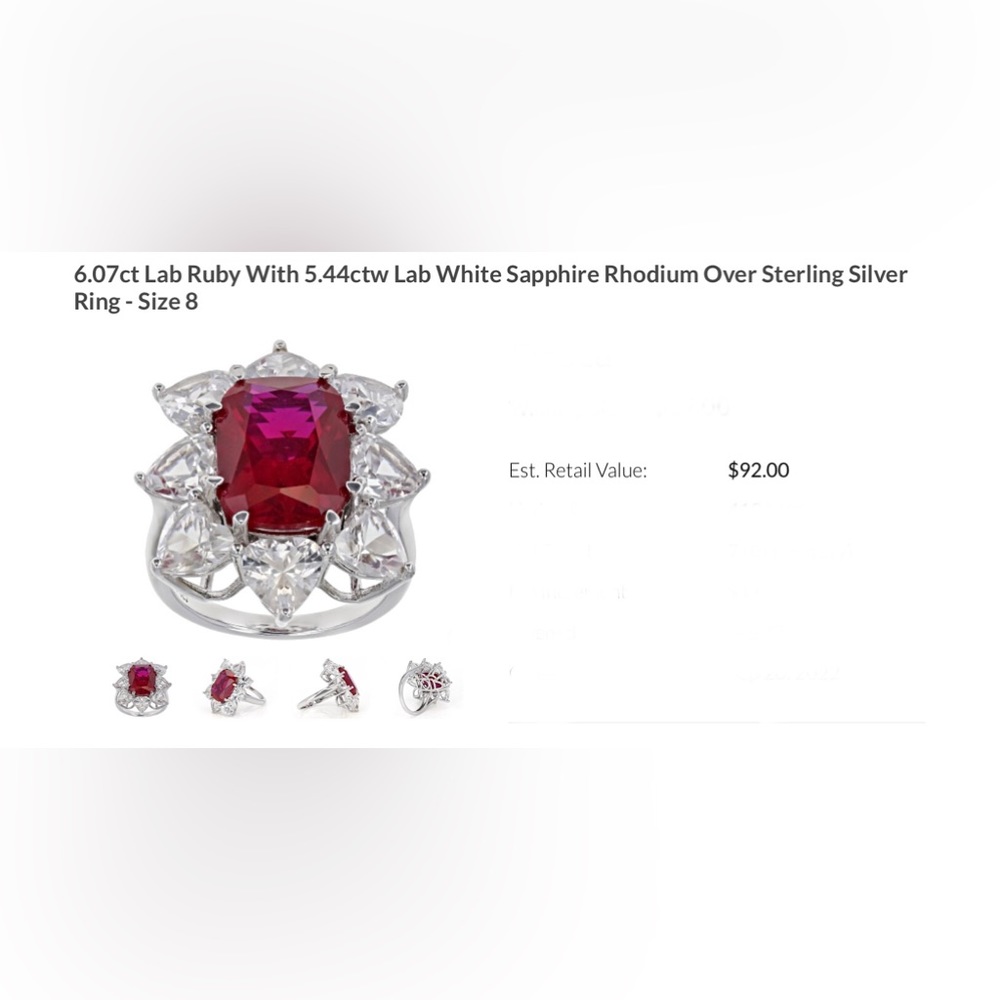 6.07ct Lab Ruby W/5.44ctw Lab White Sapphire Rhodium Over Sterling Silver-Size 8